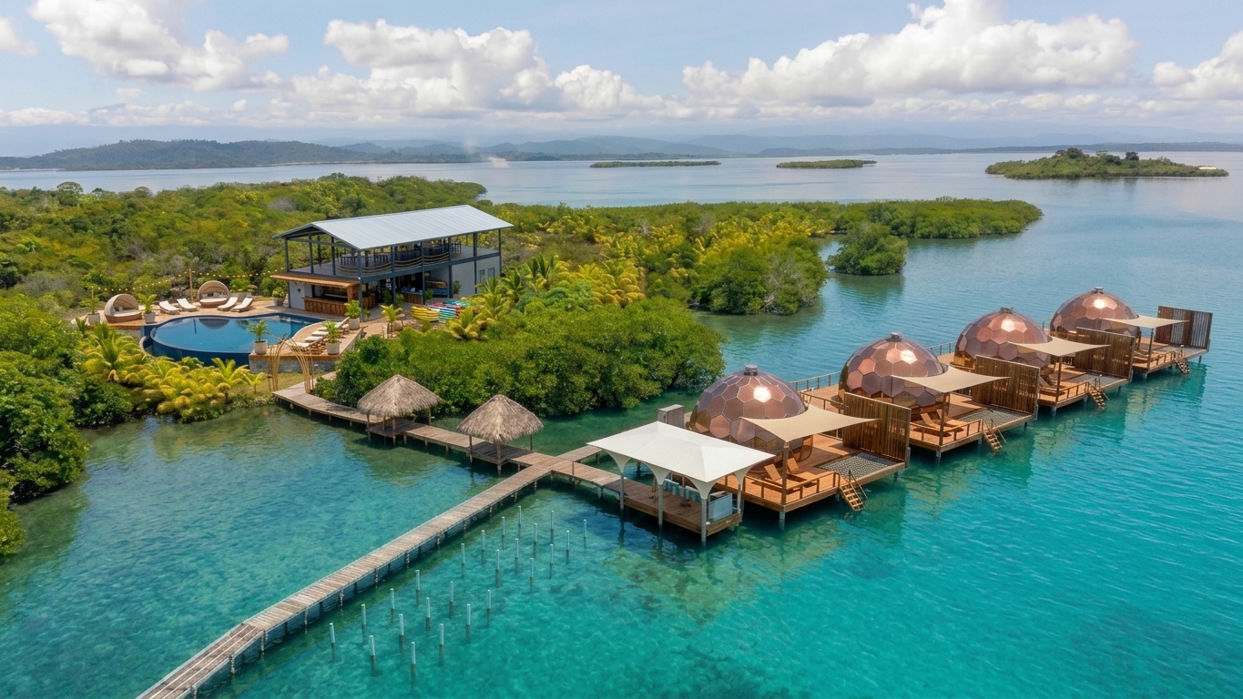 Aerial view of overwater glamping domes and resort on private island