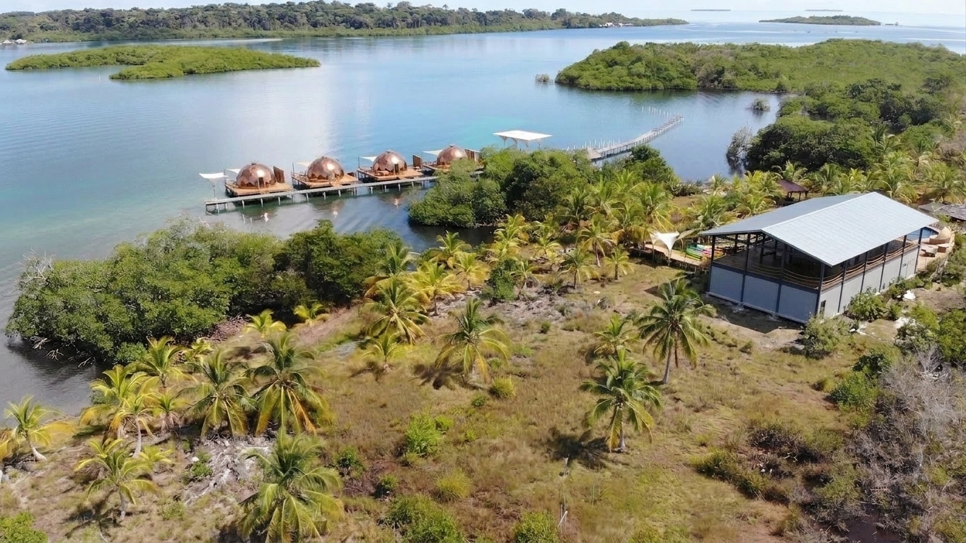 Aerial view of Glamp Island private island resort, Bocas del Toro