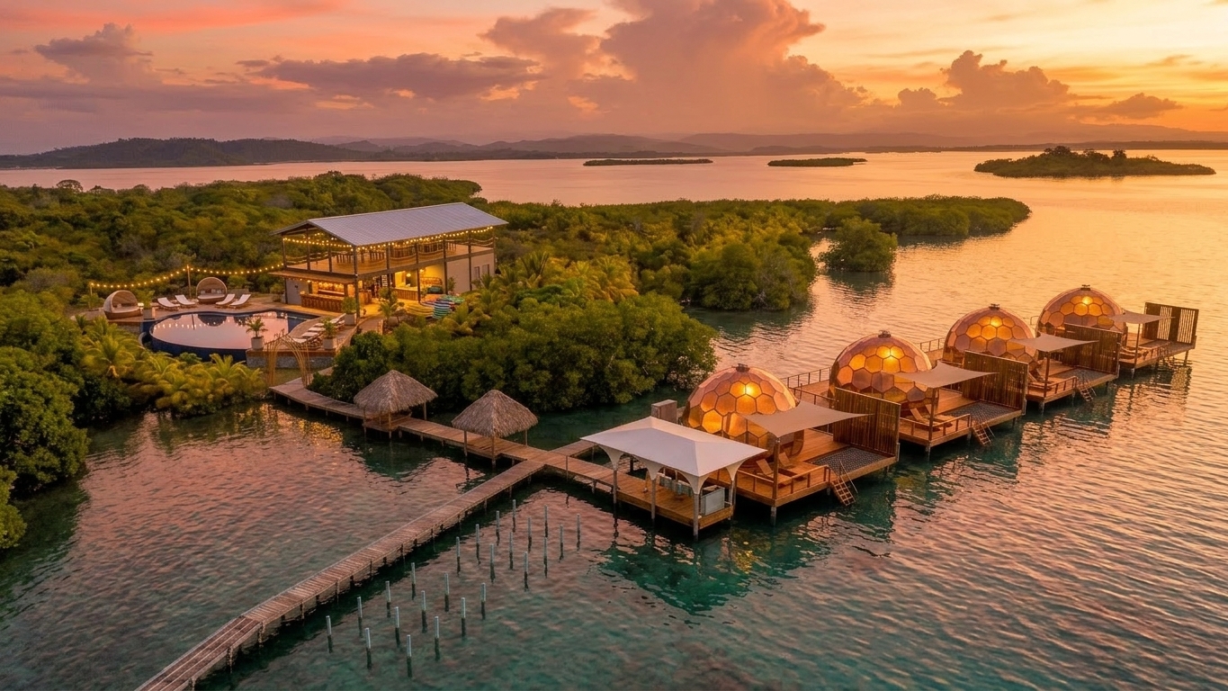 Aerial view of overwater glamping domes glowing at sunset on private island, Bocas del Toro, Panama