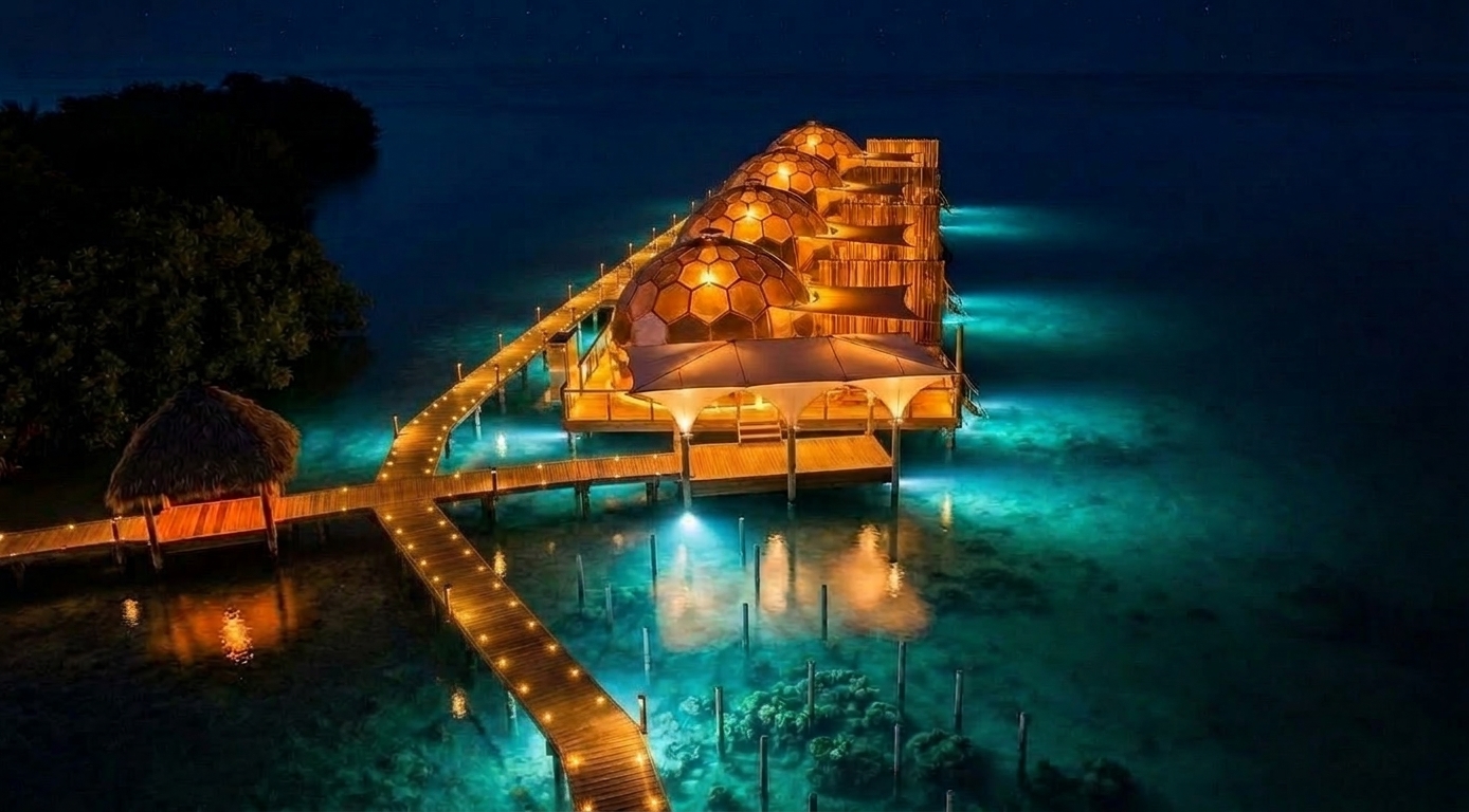 Overwater glamping domes glowing at night on private island, Bocas del Toro