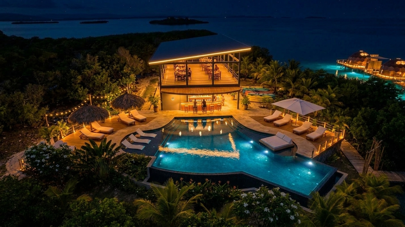 Aerial night view of pool, bar, and overwater domes glowing on private island