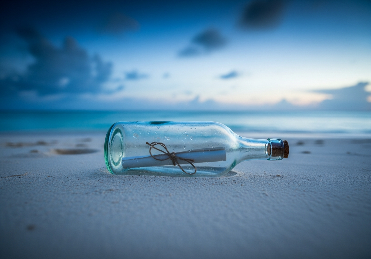A glass bottle with a message resting in white Caribbean sand